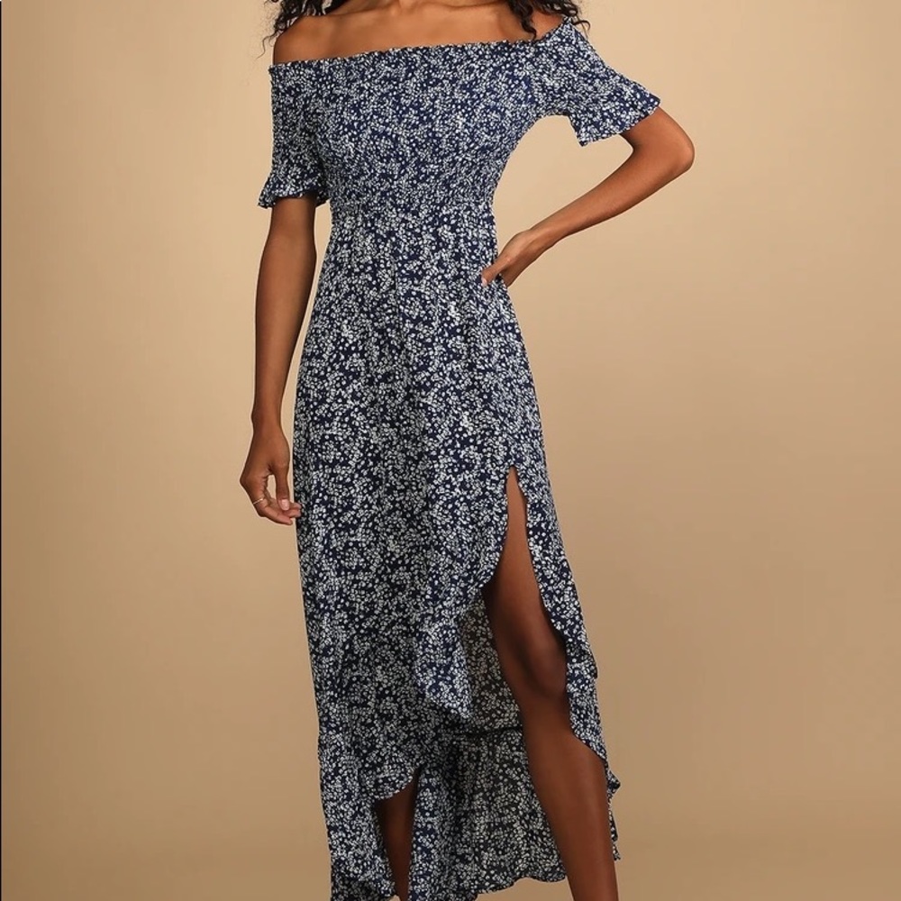 Navy blue floral print off the shoulder dress